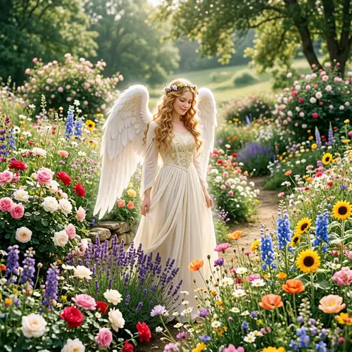 Angel Surrounded by Vibrant Blooming Flowers