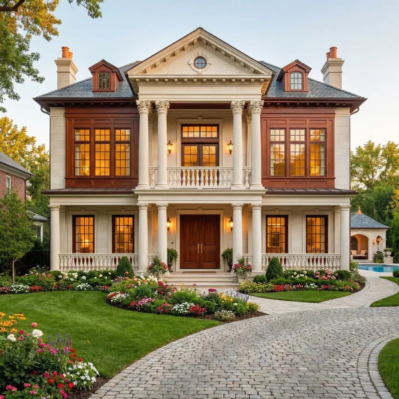 Big House with Majestic Columns and Lush Garden