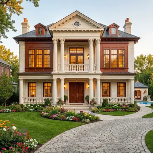 Luxurious Three-Story House with Majestic Columns and Lush Garden