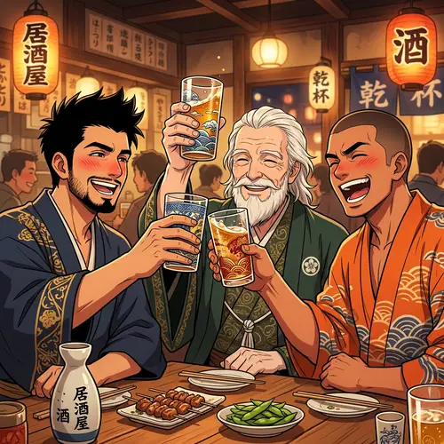 Animated Drunk Anime Men Toasting Glasses Joyfully