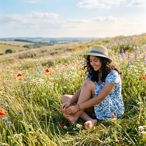 Barefoot Spanish Teenage Girl Playing with Toes on Grassy Hill