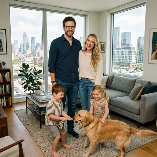 Modern Family enjoying time with kids and dog in city-view living room