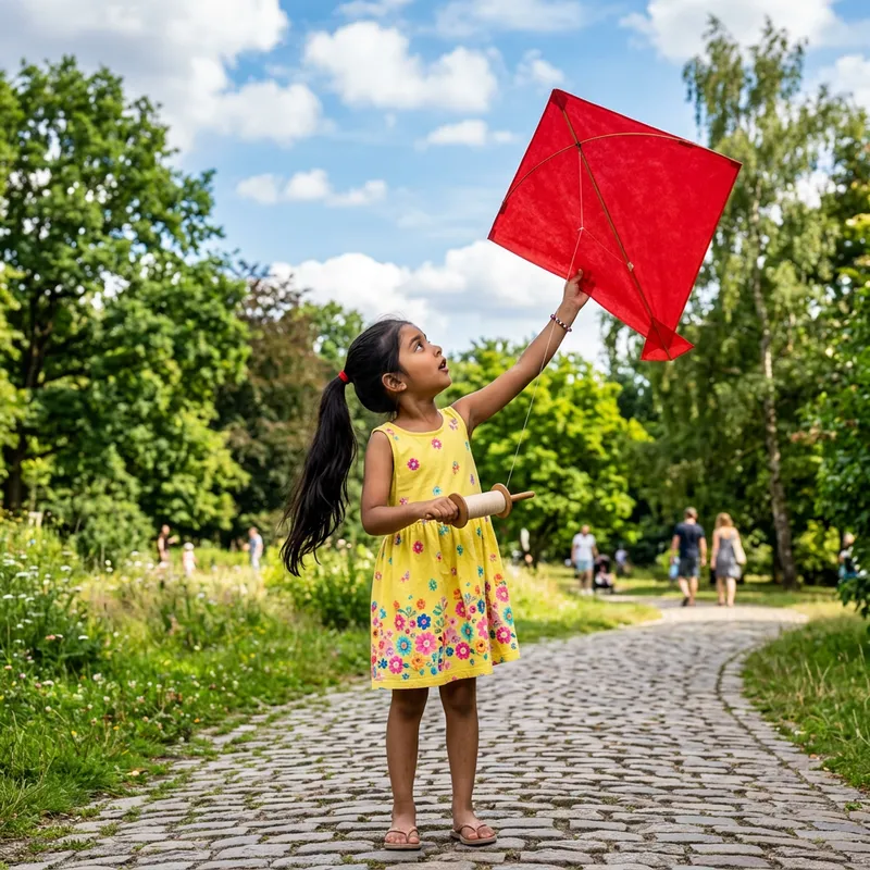Adorable South Asian Girl Flying a Red Kite