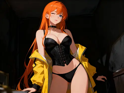 Seductive Anime Girl with Orange Hair and Dark Aura