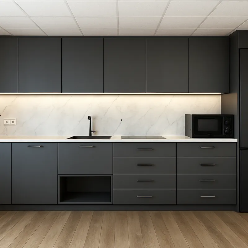 Stylish Office Kitchen with Dark Grey Cupboards
