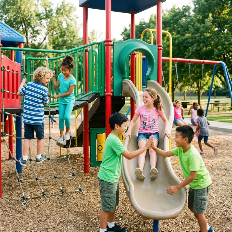 Diverse 12-Year-Olds Enjoying Playtime in Colorful Playground Diverse 12-Year-Olds Enjoying Playtime in Colorful Playground