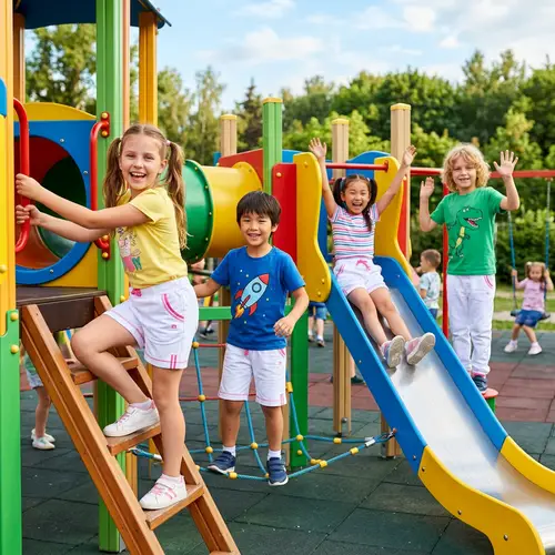 Diverse Group of Children Enjoying Playtime in Colorful Playground