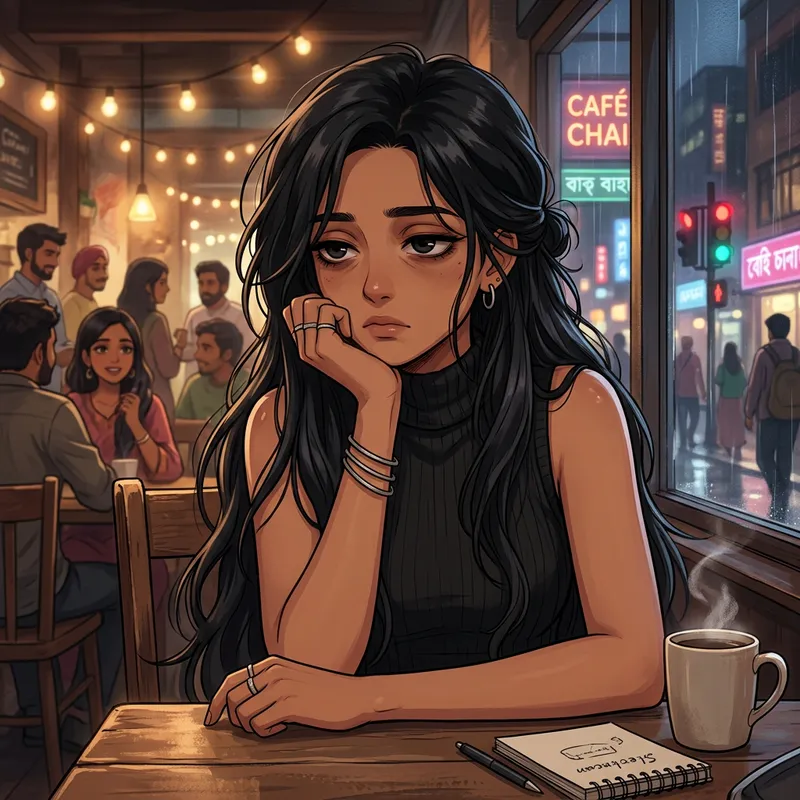 Anime Girl with Black Hair and Brown Skin in Sleeveless Turtleneck