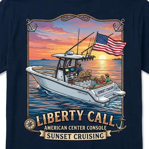 Center Console Boat with American Flag | T-Shirt Design