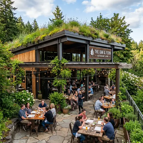 Charming Metal Patio Restaurant with Green Roof