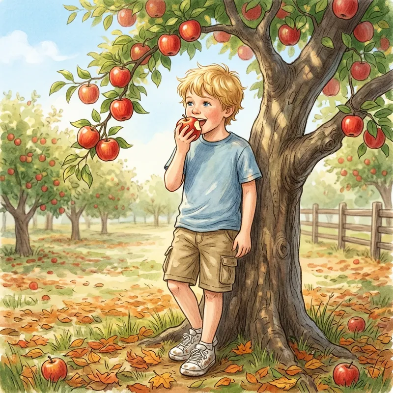 Serene Illustration of Young Boy Eating Apple by Lush Tree