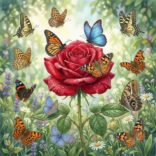 Intricately Detailed Illustration of Red Rose with butterflies