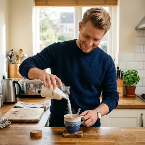 Blond Caucasian Adult Male Pouring Sugar into Cup
