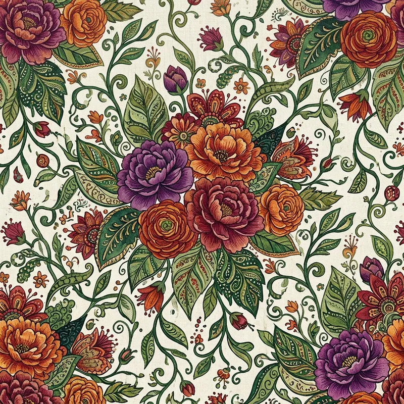 Boho Style Flower and Leaves Pattern in Purple, Orange, and Green