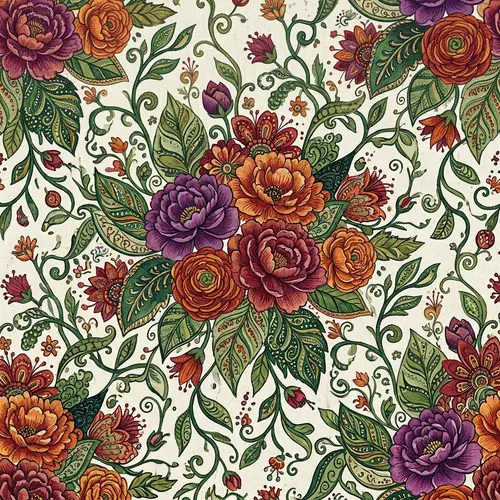 Bohemian Style Floral Pattern in Purple, Orange, and Green
