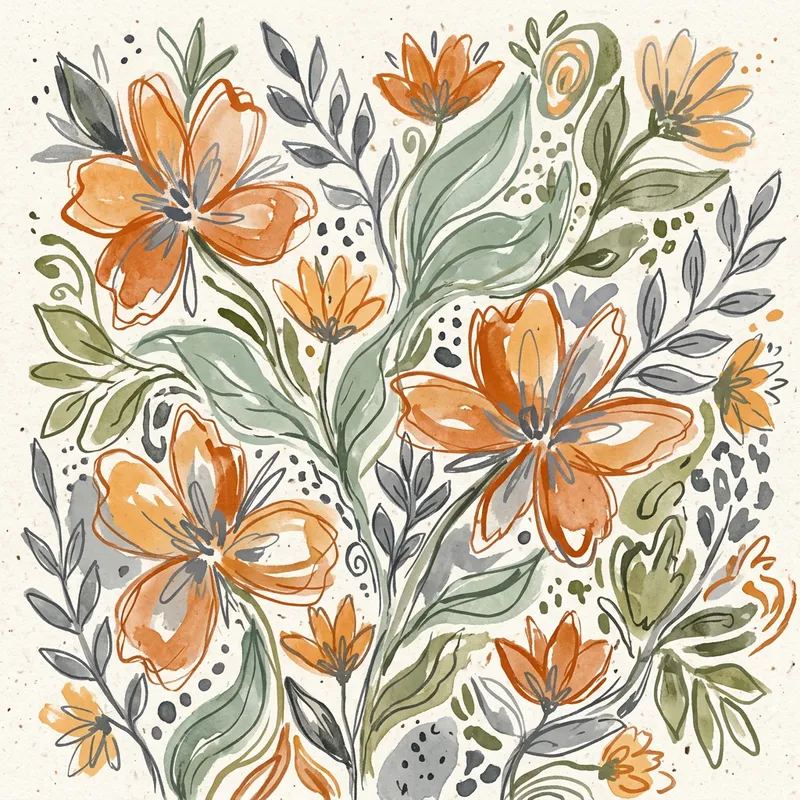 Boho Style Abstract Flower & Leaves in Grey, Sage Green, Orange