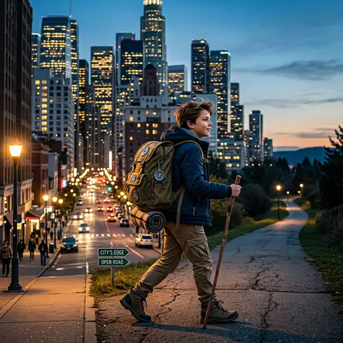 Young Boy Stepping Out of Urban Cityscape | Adventure Scene