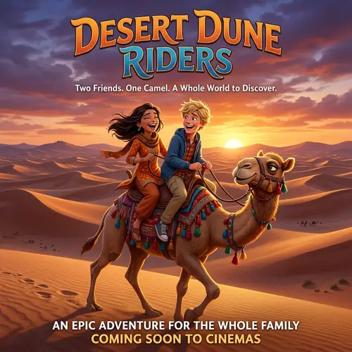 Modern Animated Movie Poster: Brunette Girl & Blond Boy on Camel in Desert