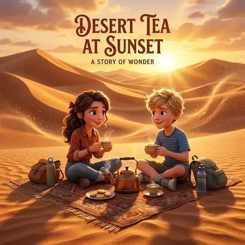 Pixar-Style Poster: Brunette Girl & Blond Boy Tea Time in Desert