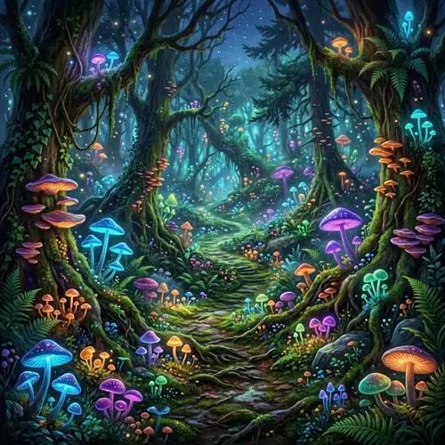 Mystical Forest with Glowing Mushrooms - Explore Enchantment