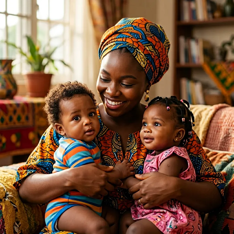 Nigerian Mother with Twin Infants - Cultural Love Portrait