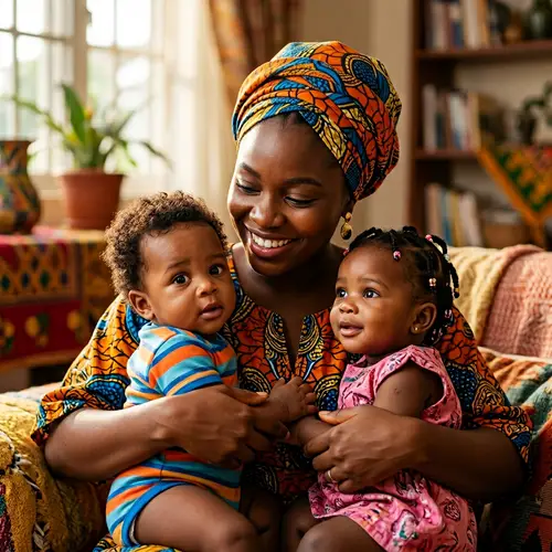 Young Black Nigerian Woman with Twin Infants - Family Love Portrait
