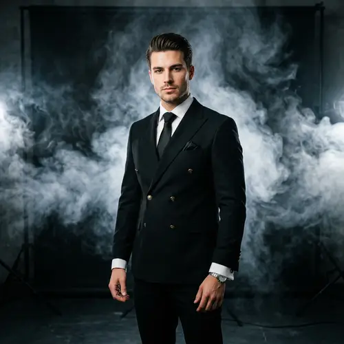 Stylish Young Man in Black Suit with Smoke Effect