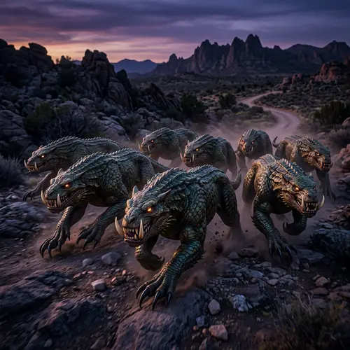 Squadron of Baghirs: Fantastical Creatures Charging Through Twilight