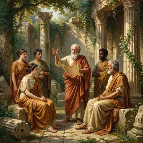 Ancient Greek Philosophers in Sunlit Ruined Temple