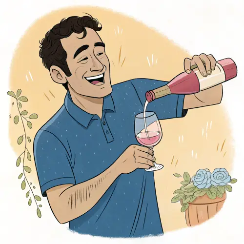 Friendly Man Enjoying Rosé Wine in Cartoon Style