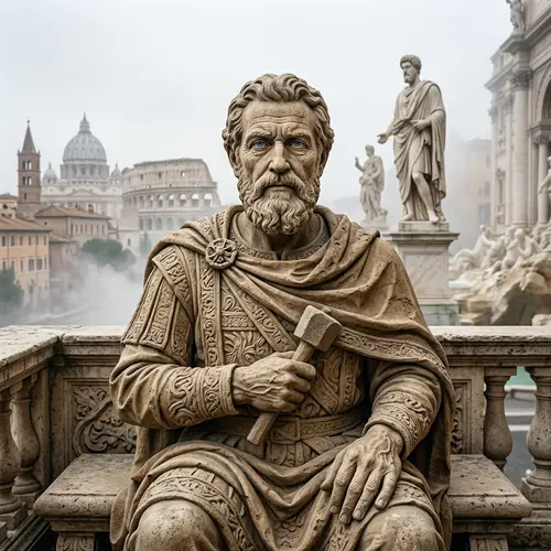 Stone Carved Portrait of a Man | Artistic Attire & Blue Eyes