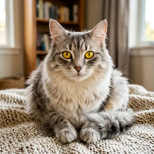 Fluffy Domestic Short-Haired Cat with Striking Yellow Eyes