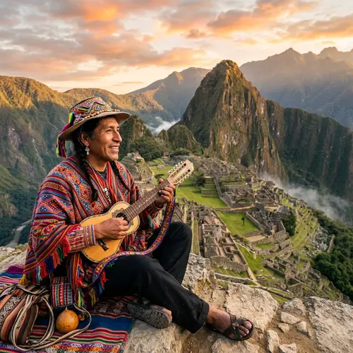 Quechua Man in Traditional Clothing with Charango | Machu Picchu Sunrise
