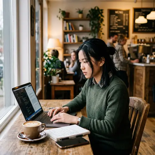 Focused Asian Freelance Worker Using Laptop in Coffee Shop