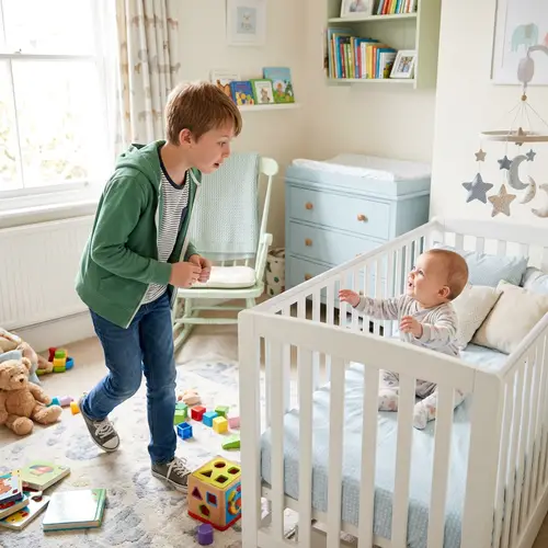 Curious 11-Year-Old Approaching Baby in Nursery Room