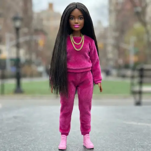 Stylish Black Barbie in Pink Jogging Suit