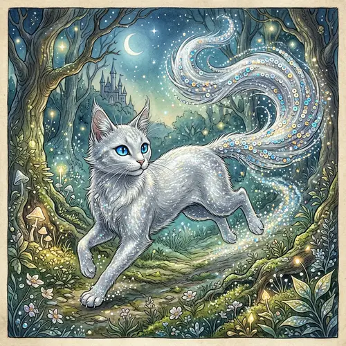 Whimsical White Feline Creature with Silver Coat | Enchanting Fantasy Art
