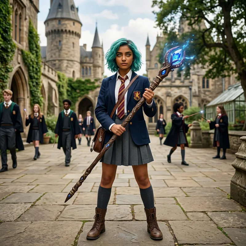 Teenage Girl with Short Wavy Turquoise Hair in Academy Uniform with Magic Staff
