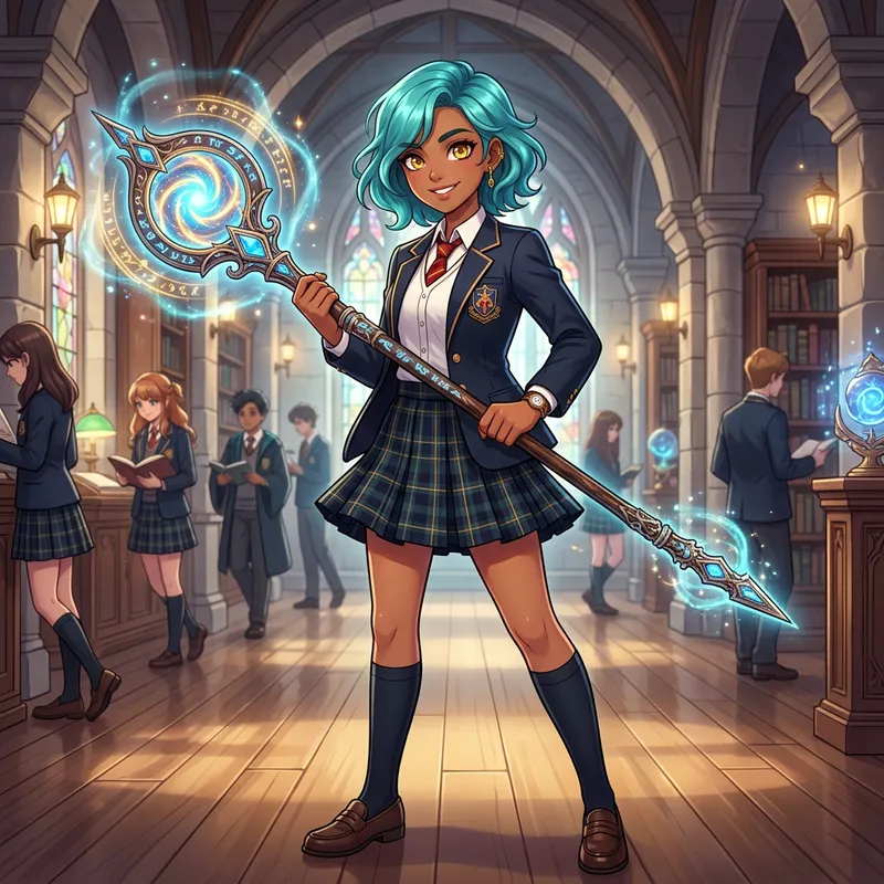 Anime Girl with Wavy Turquoise Hair - Golden Eyes & Magic Staff