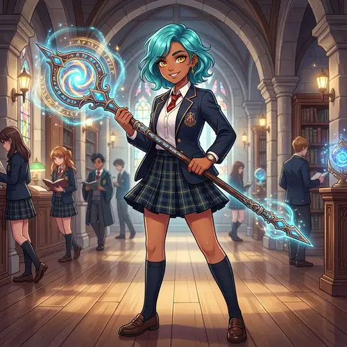 Youthful South Asian Girl with Turquoise Hair - Magic Staff
