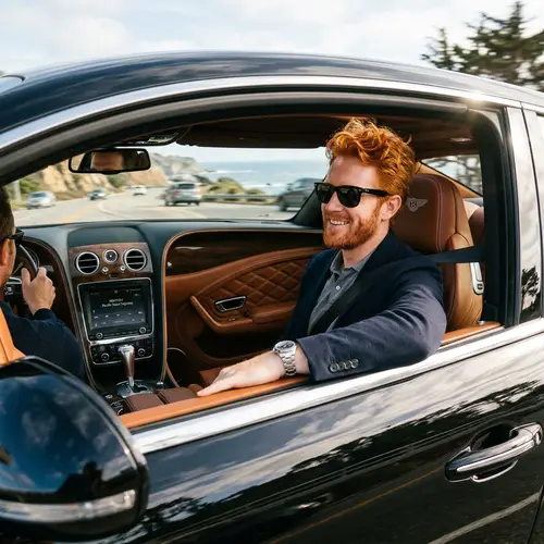 Luxurious Black Bentley Car with Fiery Red-Haired Man