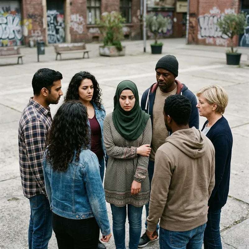 Symbol of Oppression: Diverse Group Enveloping Middle-Eastern Woman