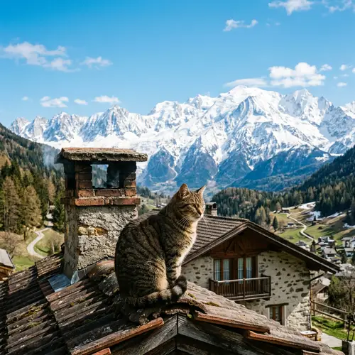 Tabby Cat on Rustic House Roof | Majestic Mountain Backdrop