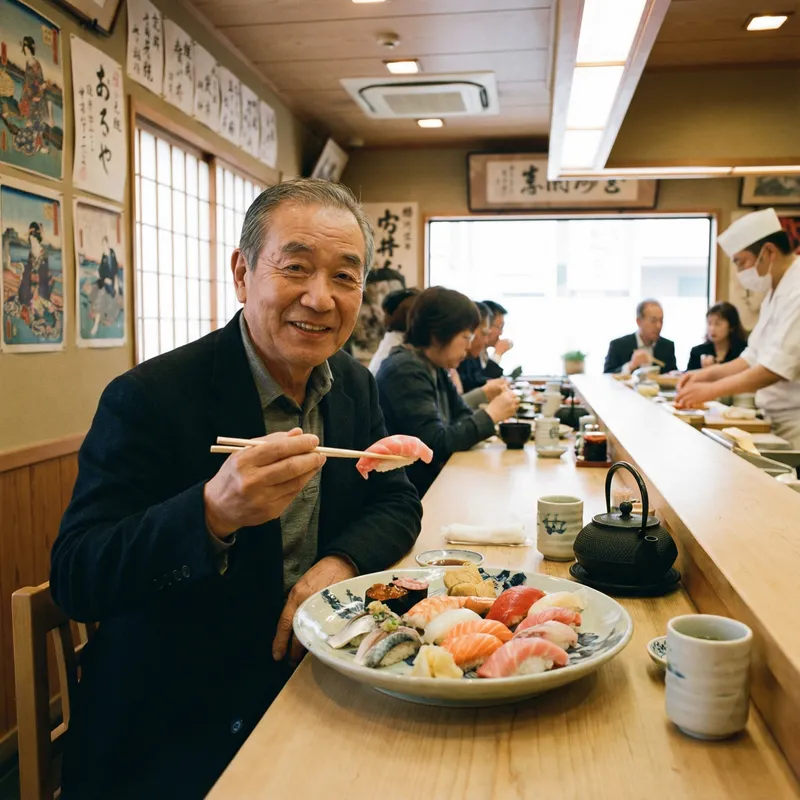Japanese Man Eating Sushi at Traditional Japanese Restaurant