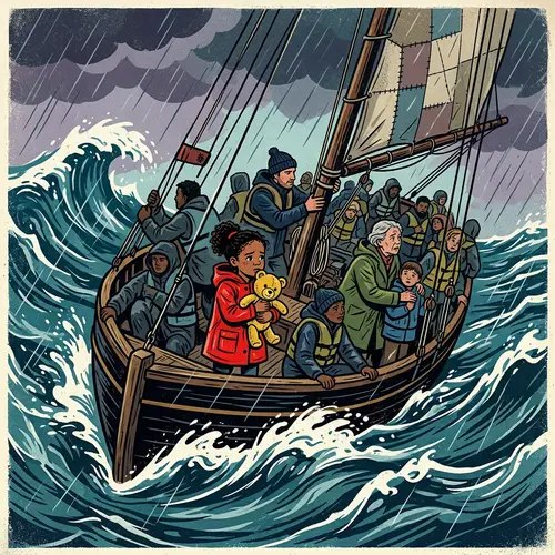 Vibrant Sailboat Amidst Turbulent Seas