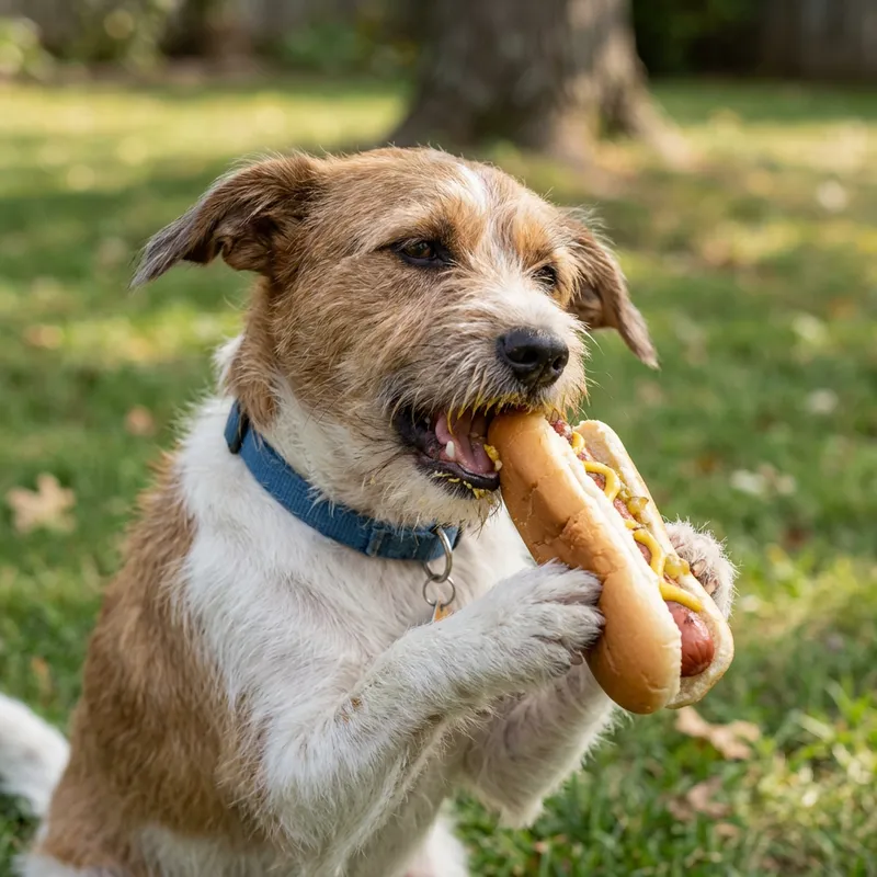 Dog Enjoys Tasty Hot Dog Snack Dog Enjoys Tasty Hot Dog Snack