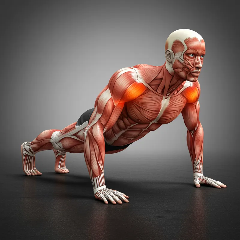 Muscular Push-Up Illustration with Muscle Highlights