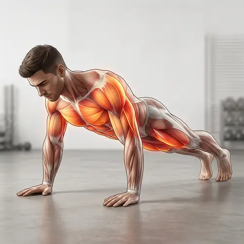 Muscular Push-Up Illustration with Muscle Highlights