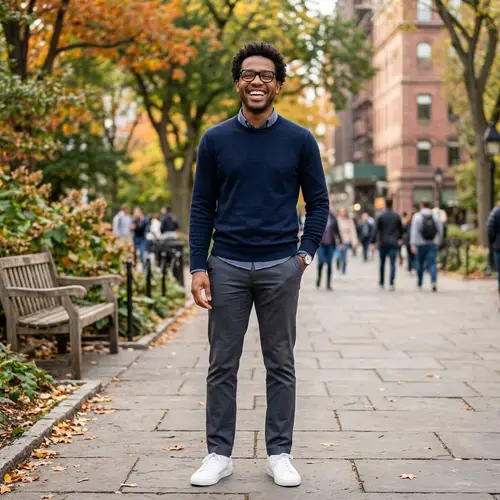 Full-Length Smiling Man with Short Curly Hair in Black Glasses