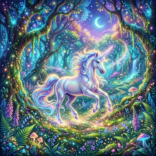 Mystical Forest with Graceful Unicorn | Fantasy Illustration